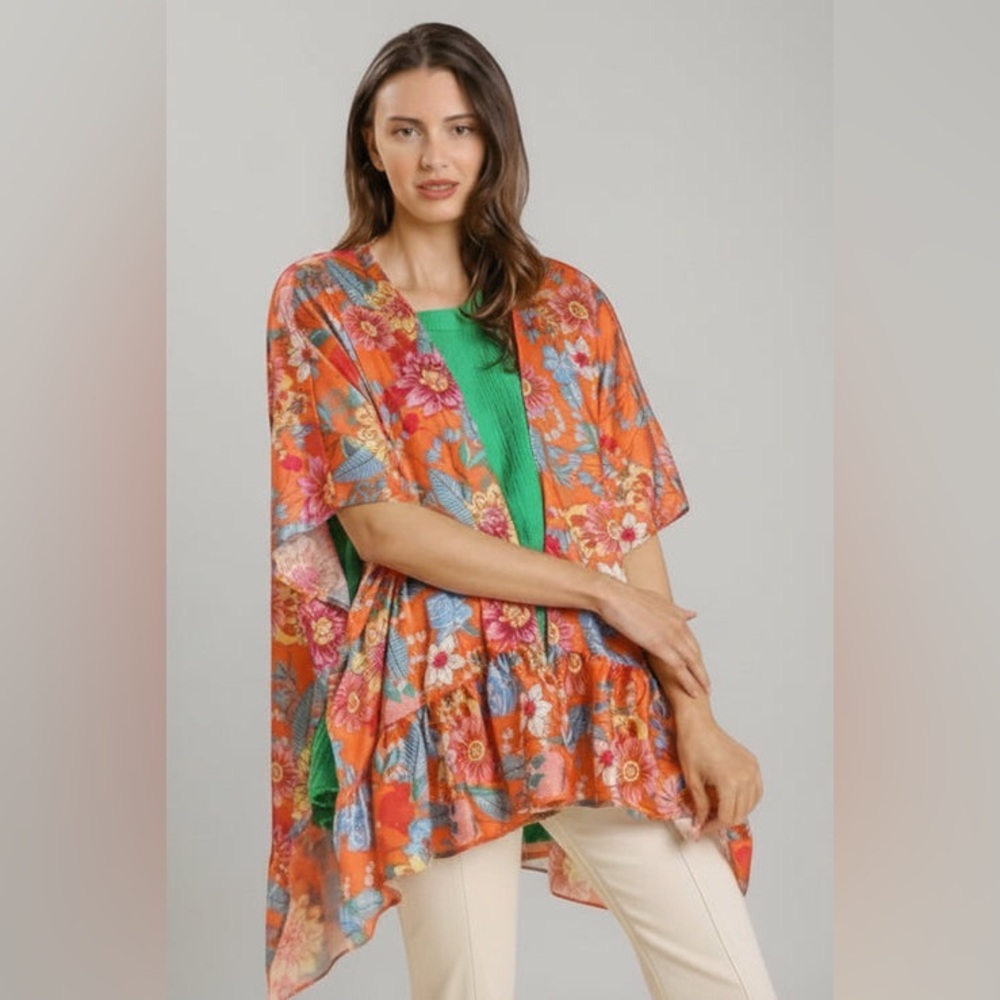 TANGERINE TROPIC BLOOM RUFFLE SLEEVE KIMONO - Picture 1 of 9